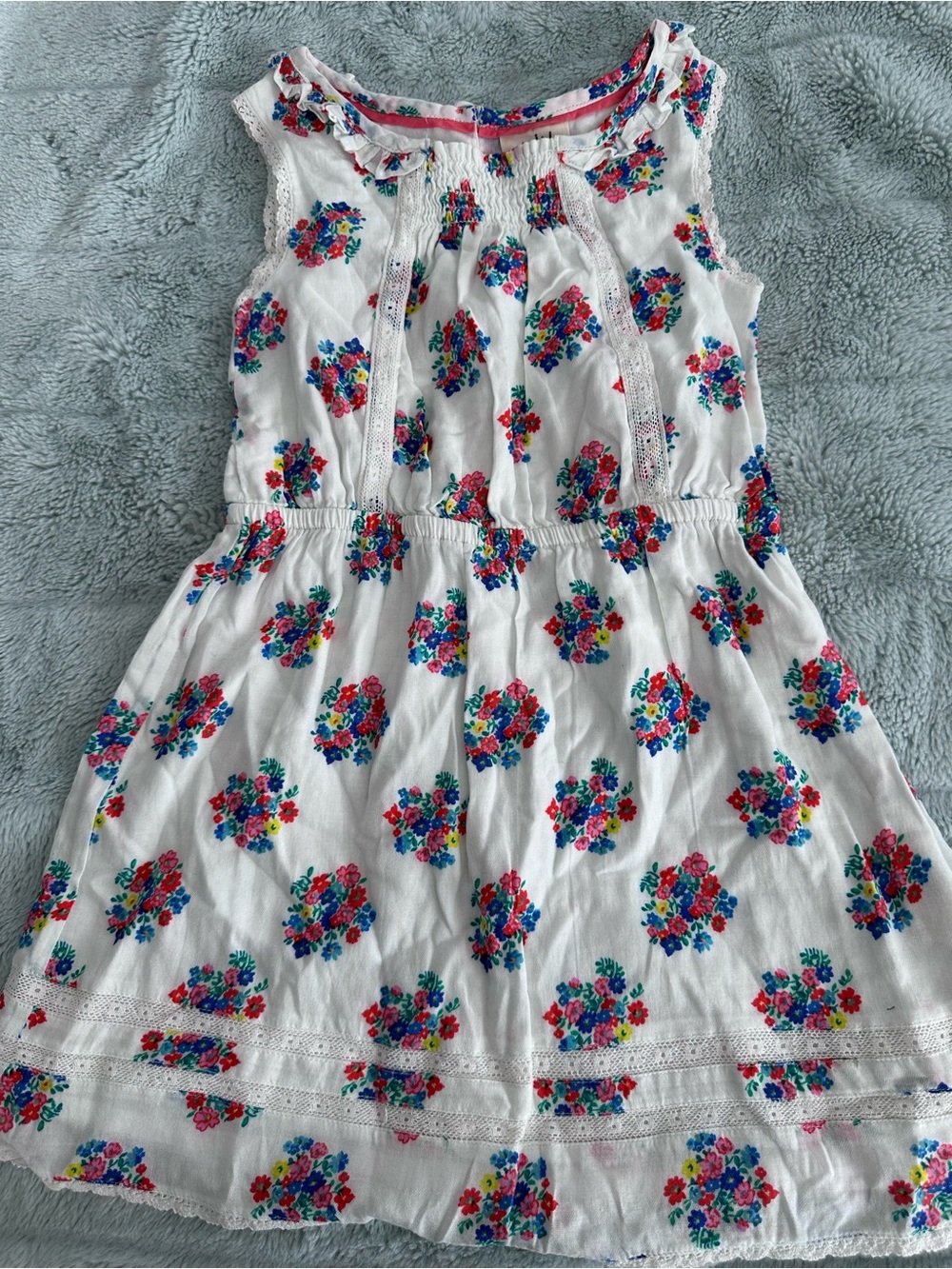 Mini Boden White Floral Print Sundress with Pink and Blue Accents
